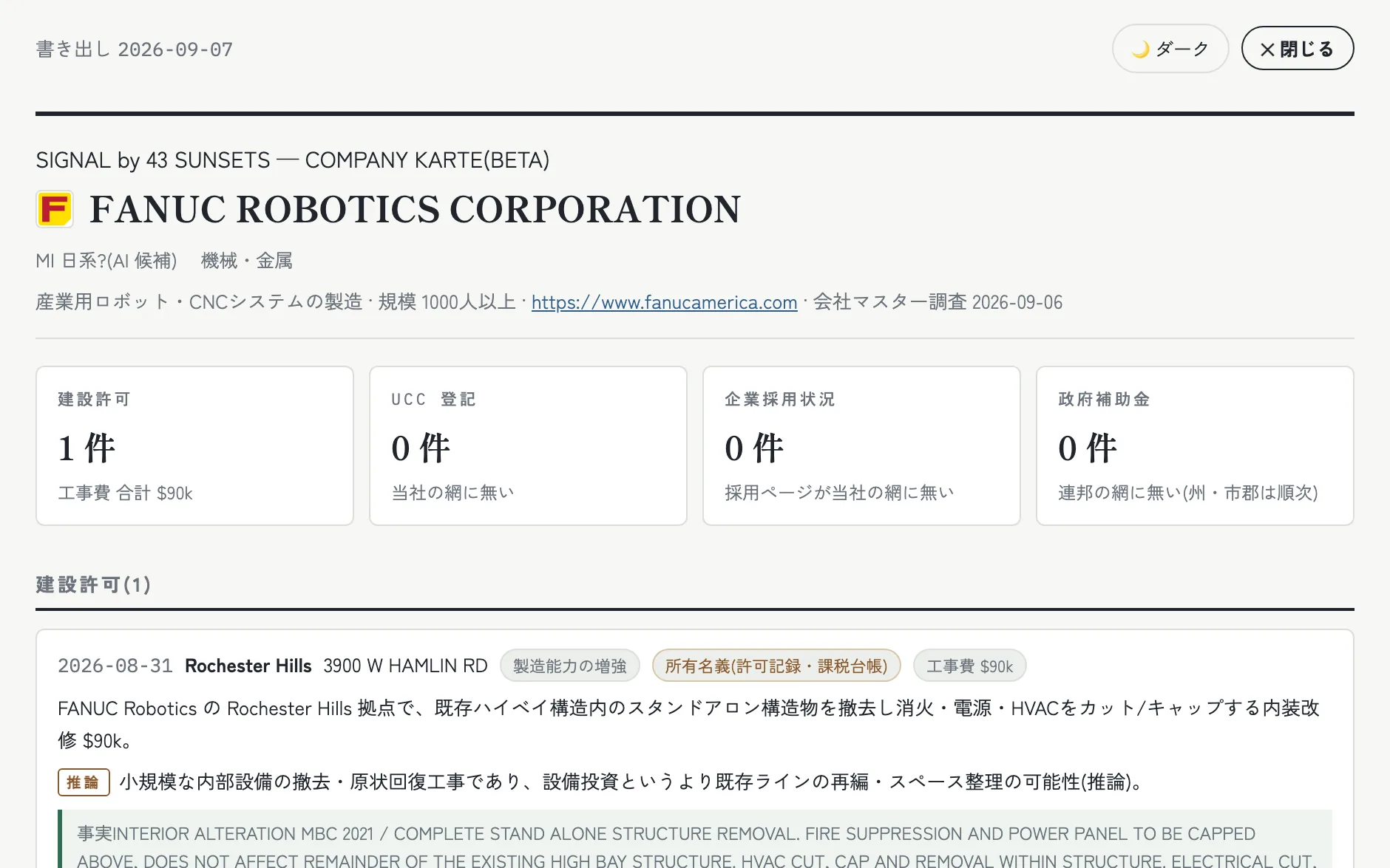 Signal の企業カルテ画面
